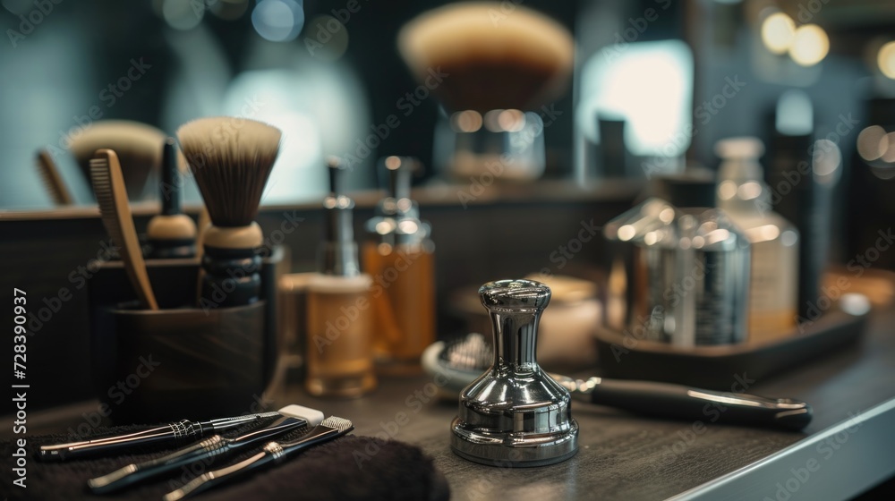 A collection of various brushes and tools neatly arranged on a countertop. Suitable for a variety of creative and DIY projects A collection of various brushes and tools neatly arranged on a countertop. Suitable for a variety of creative and DIY projects