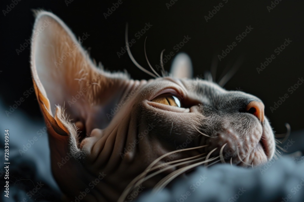 A close up view of a cat resting on a bed. Perfect for pet lovers or cozy home themes