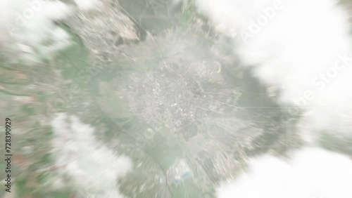 Earth zoom in from space to Sievierodonetsk, Ukraine. Followed by zoom out through clouds and atmosphere into space. Satellite view. Travel intro. Images from NASA photo