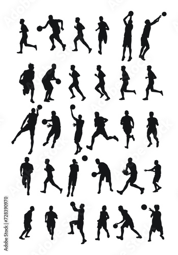 Big set of male basketball players silhouettes, athletes runners. Basketball, athletics, running, cross, sprinting, jogging