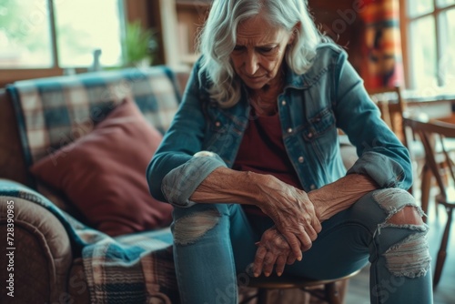 A woman sitting on a chair with her hands resting on her knees. This image can be used to represent relaxation, contemplation, or solitude