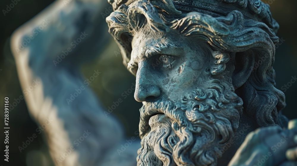A close-up view of a statue featuring a man with a beard. This image can be used in various contexts