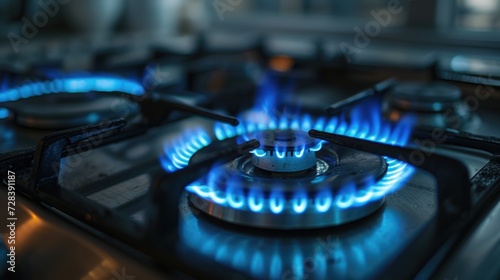 A detailed view of a gas stove with vibrant blue flames. Perfect for cooking or heating purposes