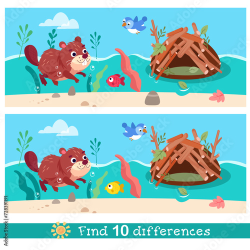 Cute stylised beaver swimming in river near hut. Find 10 differences. Educational puzzle game for children. Cartoon funny animals, plants. Vector illustration.