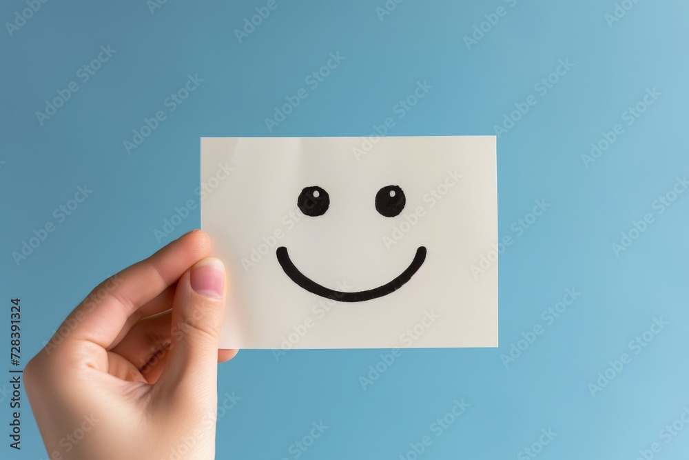 Obraz premium Happy Smiley Emoji positive energy Emoticon, colored Symbol symbolic art. Smiling face feedback aggregation. Joyfull radiant big smile. solution focused therapy client rating and customer feedback