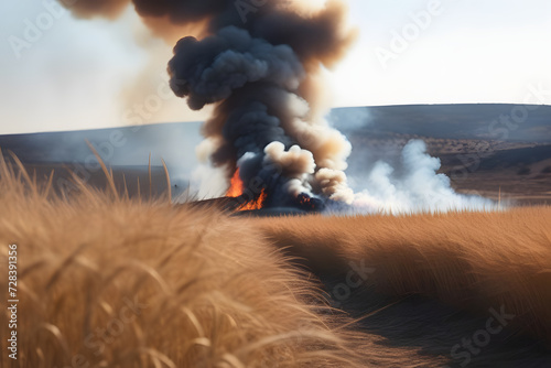 Large Wheat Field with Explosive Fire and Smoke in the Mountain Landscape. Movie Scene