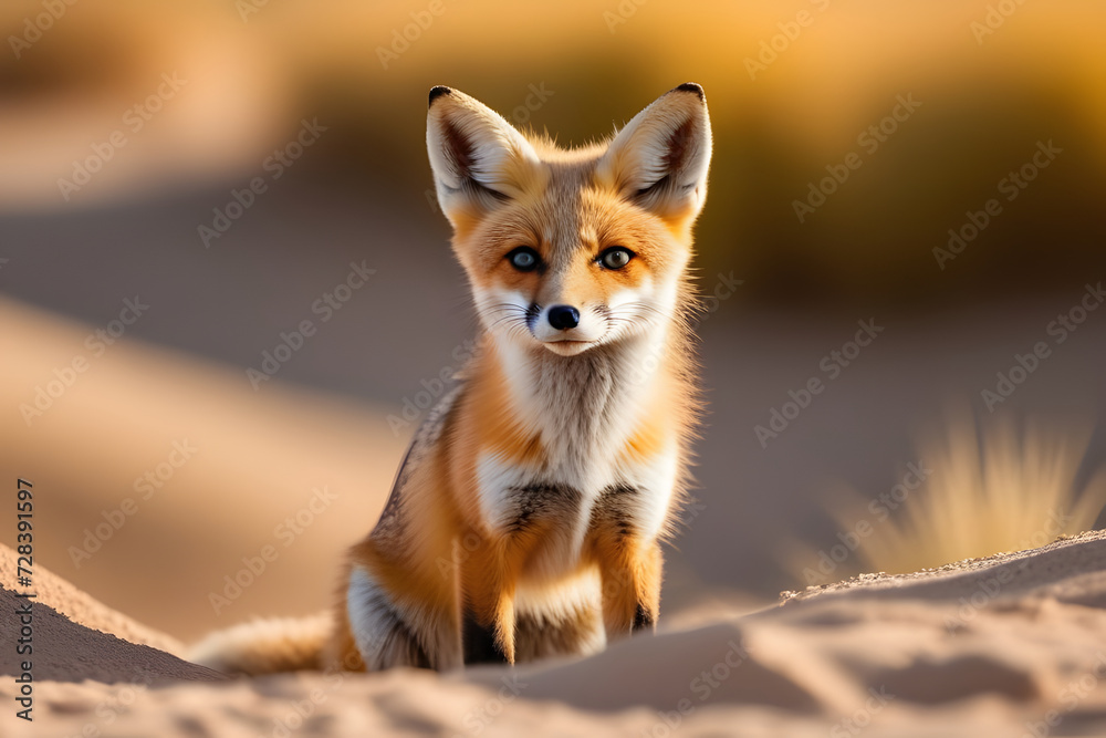 Obraz premium Curious red fox in the desert, exploring the arid landscape under the setting sun