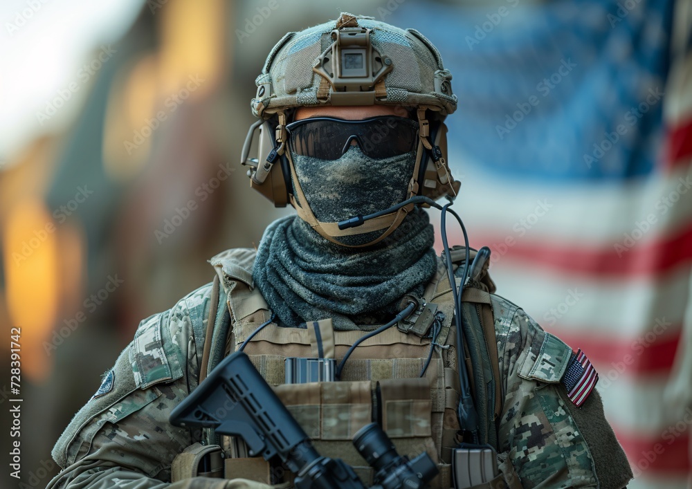 Camouflage Soldier in Full Gear with Sunglasses and Headset Generative AI Camouflage Soldier in Full Gear with Sunglasses and Headset Generative AI
