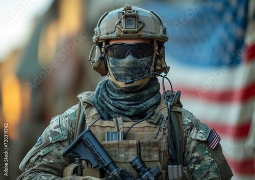 Camouflage Soldier in Full Gear with Sunglasses and Headset Generative AI