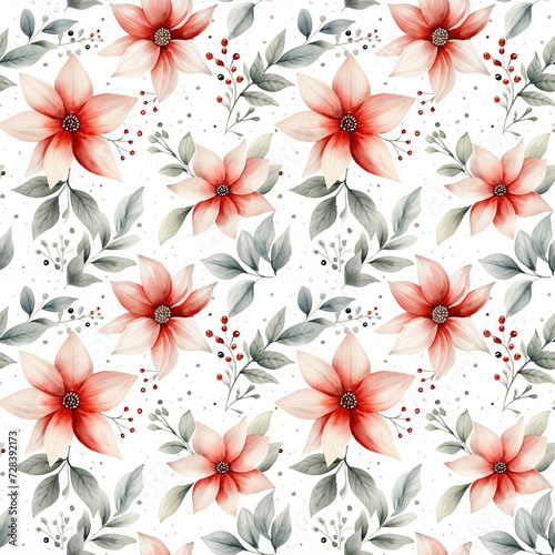 Red Poinsettia Floral Seamless Pattern. Watercolor illustration.
