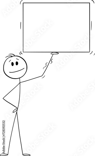 Person Holding Sign, Box or Empty Rectangle, Vector Cartoon Stick Figure Illustration