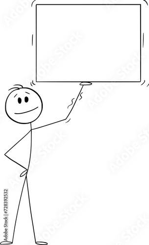 Person Holding Sign, Box or Empty Rectangle, Vector Cartoon Stick Figure Illustration