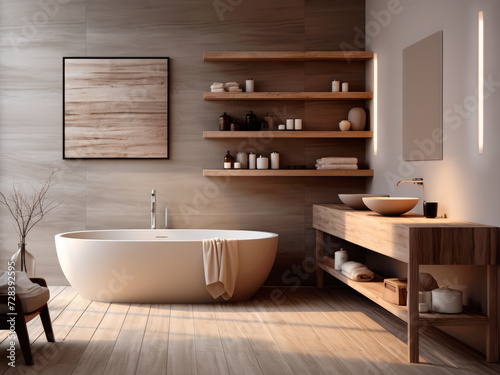 Modern bathroom with minimalist design  with noble materials.
