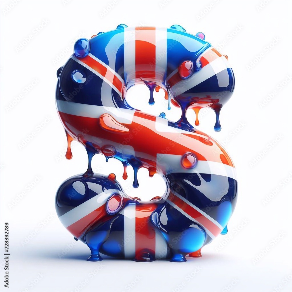 Obraz premium Glasss letter S in color of United Kingdom flag. AI generated illustration