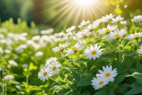 Field of White Daisies in Bloom with Beautiful Blurred Background of Green Grass and Lush Leaves