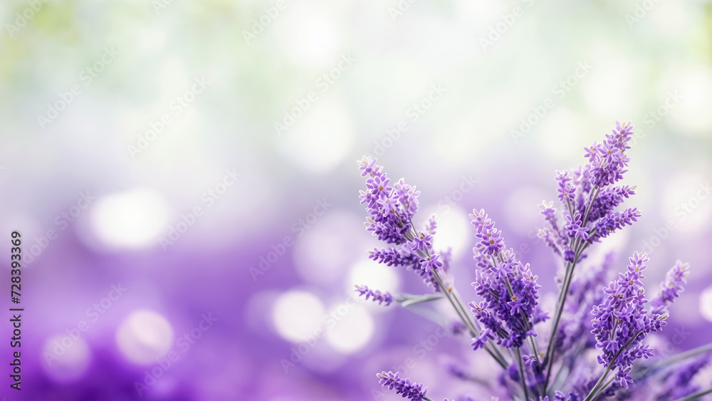 Obraz premium A close-up of lavender flowers with a blurred background. The flowers have a purple hue and are surrounded by greenery
