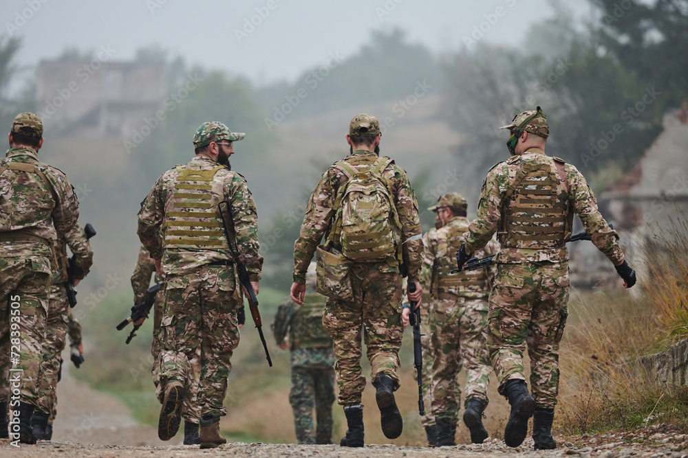 A disciplined and specialized military unit, donned in camouflage, strategically patrolling and maintaining control in a high-stakes environment, showcasing their precision, unity, and readiness for A disciplined and specialized military unit, donned in camouflage, strategically patrolling and maintaining control in a high-stakes environment, showcasing their precision, unity, and readiness for