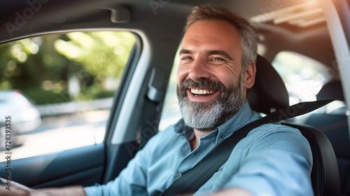 Adult man smiling while driving car, Happy man feeling comfortable sitting on driver seat in his new car