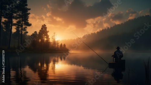 A fisherman at dawn on a tranquil lake, casting his line into the misty waters as the sun rises