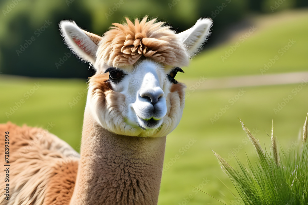 Curious llama or alpaca with brown and white fur standing in a green field, close-up view