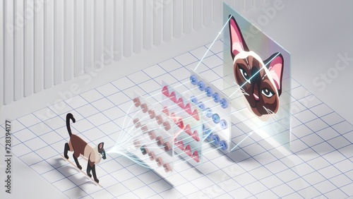 Cat and Neural Network: Visualization of Image Recognition Process, 3D rendering