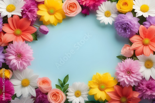 Wallpaper Mural Colorful Flower Frame on Blue Background for Spring and Summer Designs Torontodigital.ca