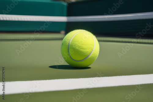 Bright green tennis ball on the tennis court with a blurred background, close up photo