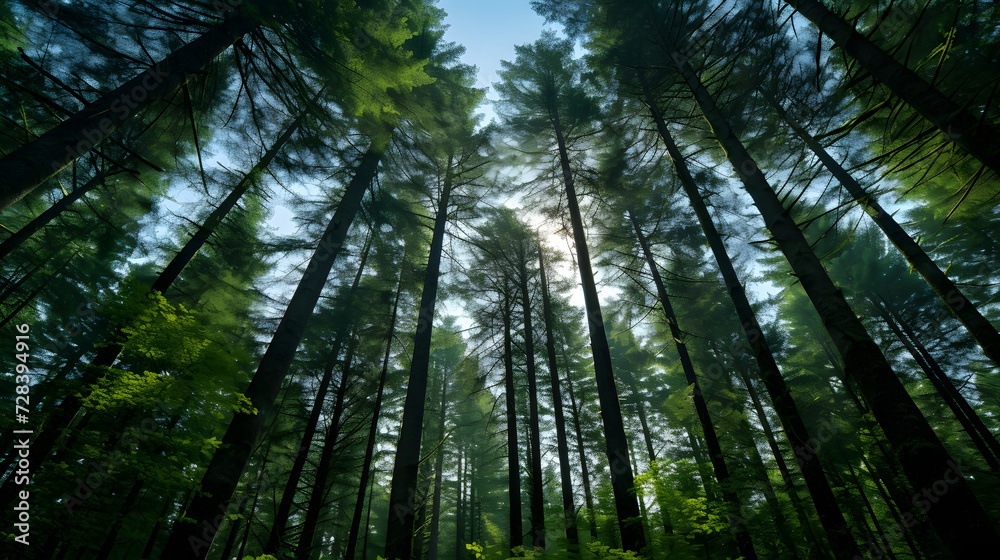 View up to the treetops in a forest near port renfrew, british columbia, canada. Generative AI. View up to the treetops in a forest near port renfrew, british columbia, canada. Generative AI.