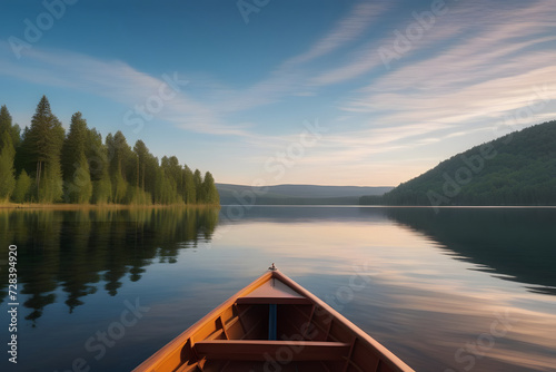 Wooden boat on a calm lake surrounded by green hills and forests under a blue sky with white clouds.