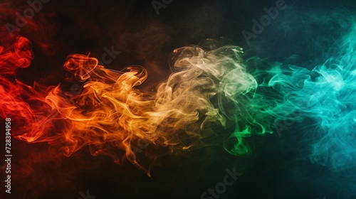Colorful smoke swirling on dark background with red, green, and brown inks.