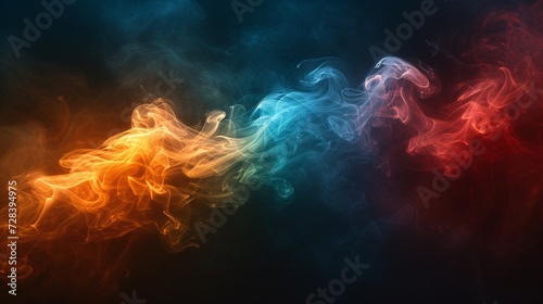 Multicolored smoke on a dark background of smoke ink in shades of red, green, and brown.