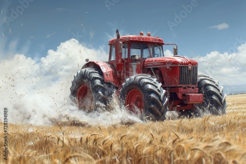 Red Tractor in the Field A Tribute to the Monthly Event of 'Tractor Day' and the Current Trend of Sustainable Agriculture Generative AI photo