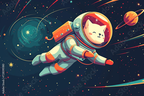 Cute cartoon cat astronaut with stars and planets in space for kid poster photo