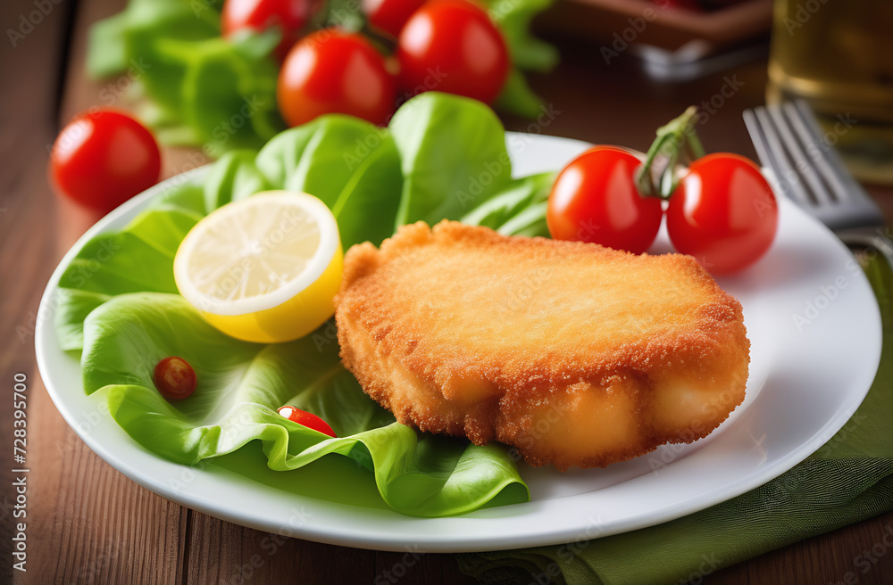 Fried chicken cutlet in crispy breading with lettuce leaves and fresh vegetables on a white plate. Made with the help of artificial intelligence. Menu, proper nutrition, healthy lifestyle. High qualit