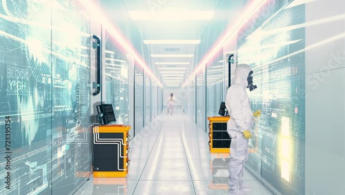 Modern laboratory or futuristic data centre. Two scientists works with hologram displays in futuristic technology centre  photo