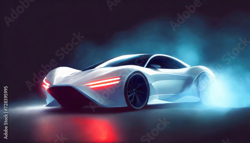 Elegant futuristic  white shiny car of the future  headlights on  blue smoke