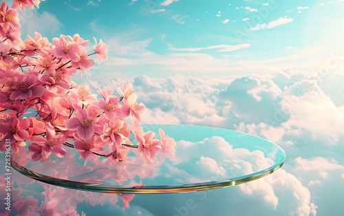 round glass table on which pink sakura flowers lie against a background of blue sky and clouds