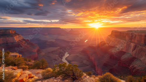 A photo of the Grand Canyon, with the vast canyon walls as the background, during a dramatic sunrise © CanvasPixelDreams