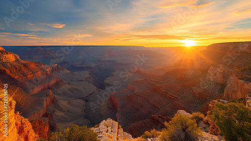 A photo of the Grand Canyon, with the vast canyon walls as the background, during a dramatic sunrise