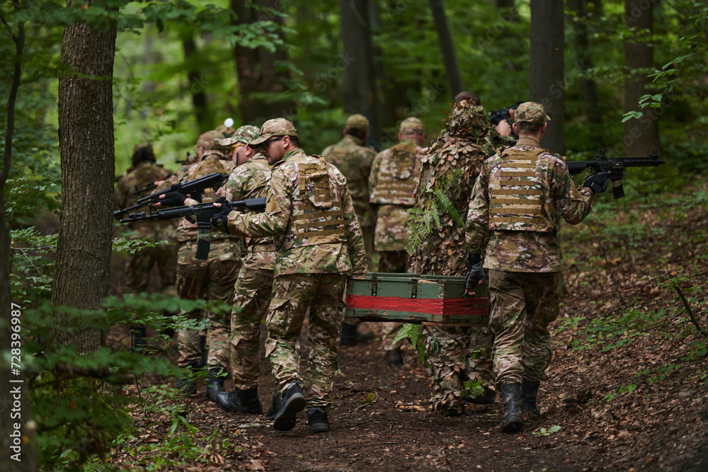 Elite military unit, cloaked in camouflage, transports a crate of ammunition through the dense forest, epitomizing strategic readiness and precision in their covert mission