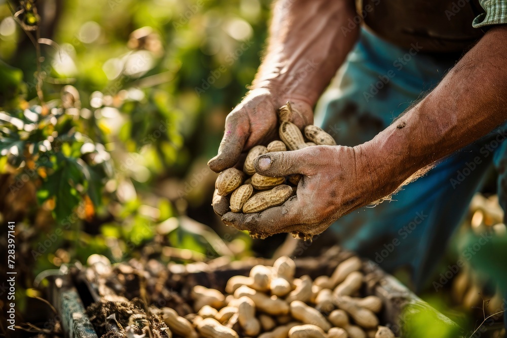 Close-up of a hand holding a peanut. Farmer's hands holding beans during harvest. Farmer is harvesting in the field