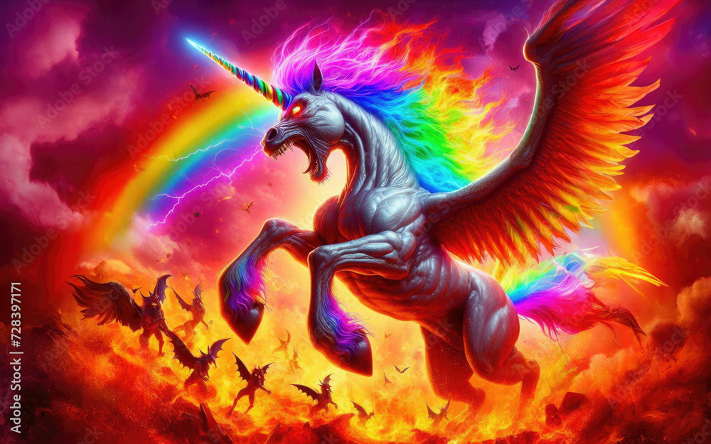 Angry unicorn. White unicorn with a pink and white mane and tail emits a rainbow. Angry unicorn. White unicorn with a pink and white mane and tail emits a rainbow.