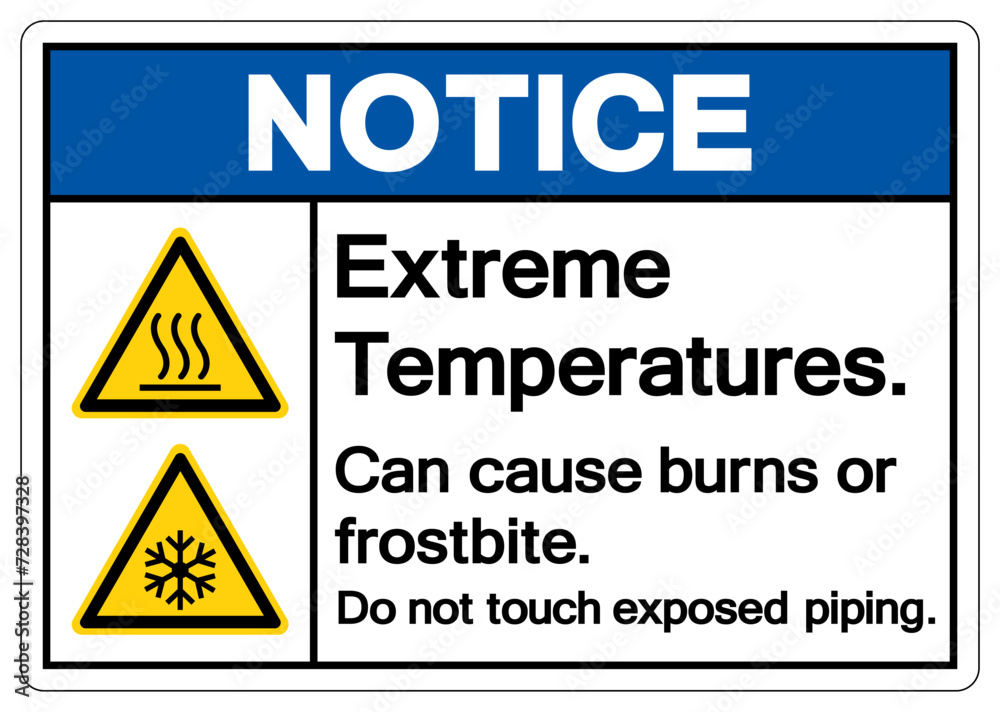 Notice Extreme Temperatures Can cause burns or frostbite Do not touch exposed piping Symbol Sign, Vector Illustration, Isolate On White Background Label .EPS10