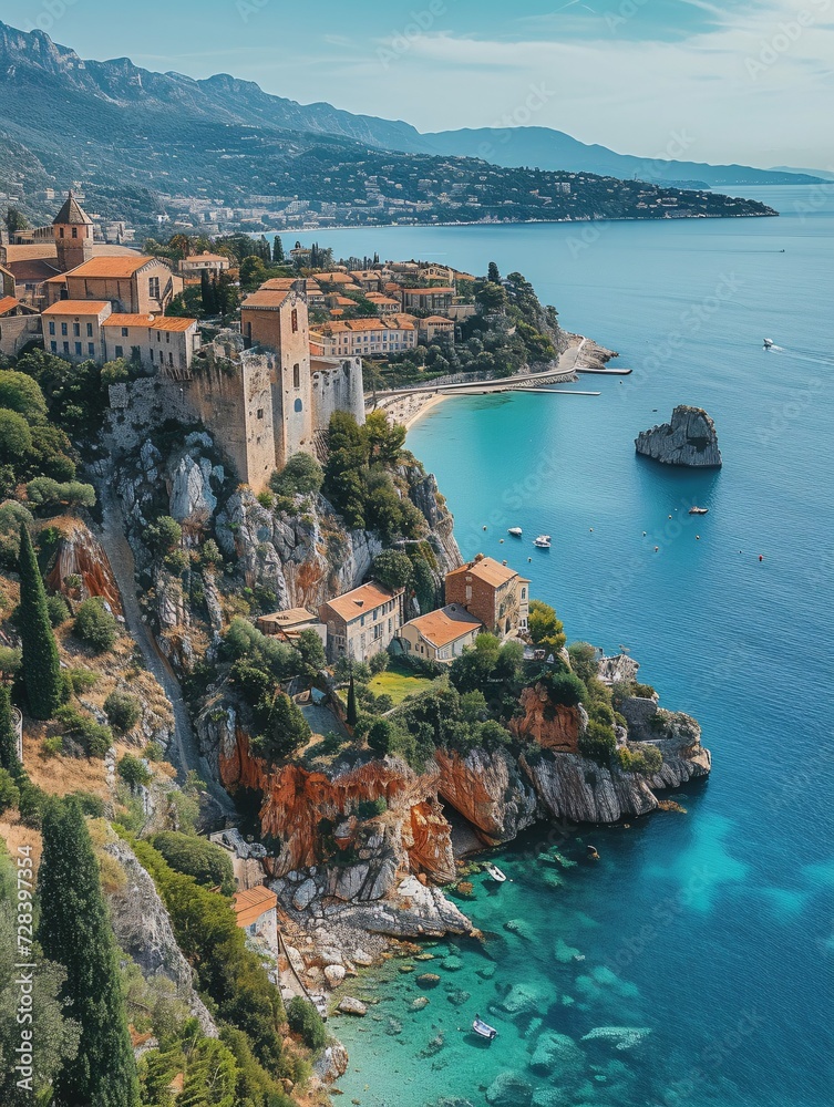 Panoramic perspective of the C√¥te d'Azur coastline featuring a historic village in southern France.