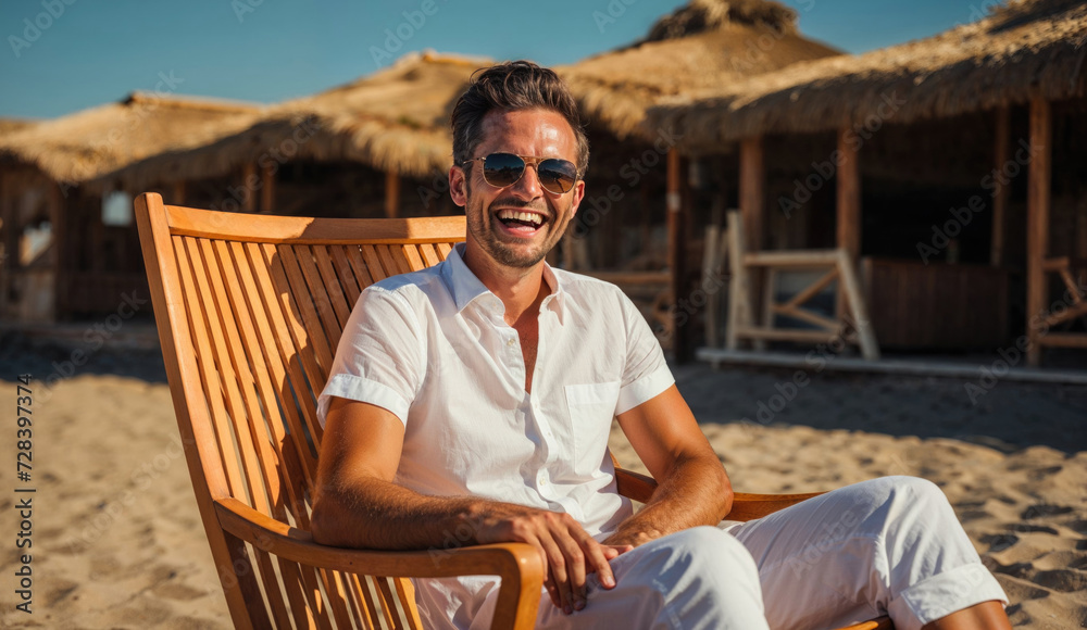 Smiling Man Relaxing in Chair on Sunny Beach Vacation