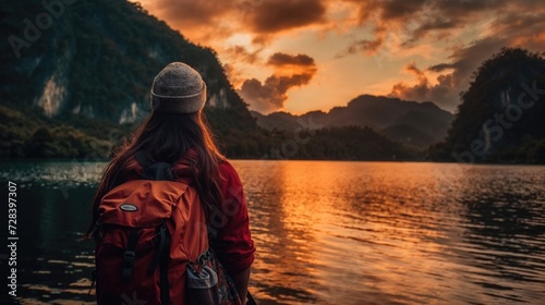 Woman with backpack watching sunset over tranquil lake