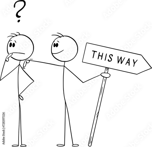 Person Looking for Some Guide on The Way, Vector Cartoon Stick Figure Illustration
