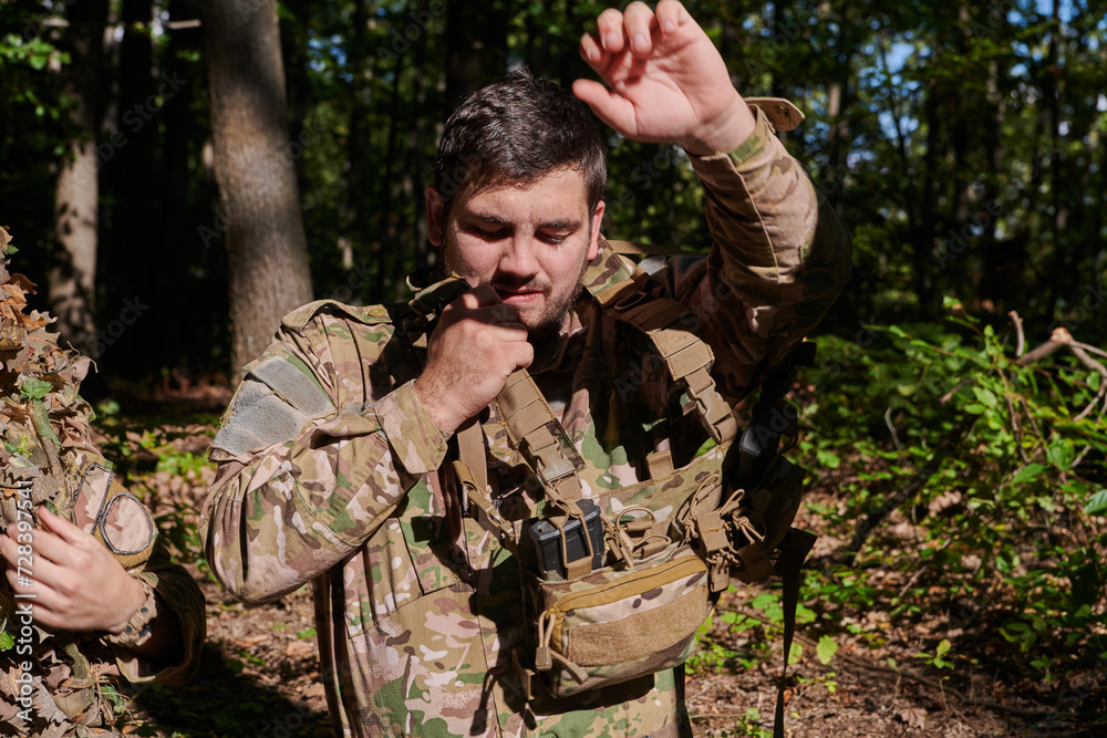  Elite soldier exudes focused determination and readiness, geared up for a perilous military operation, capturing the essence of courage and professionalism in the face of imminent danger