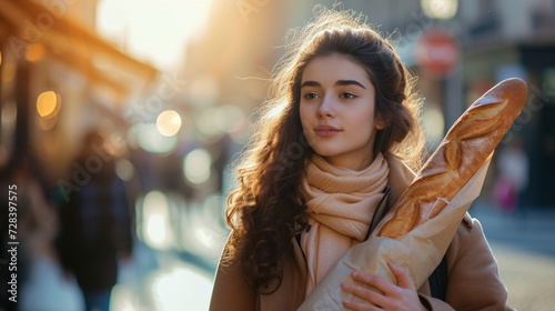 Stunning woman with a French loaf walking on the sidewalk.