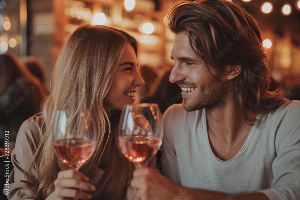Lovely pair enjoying a romantic outing at a bistro while sipping rosé. Lovely pair enjoying a romantic outing at a bistro while sipping rosé.